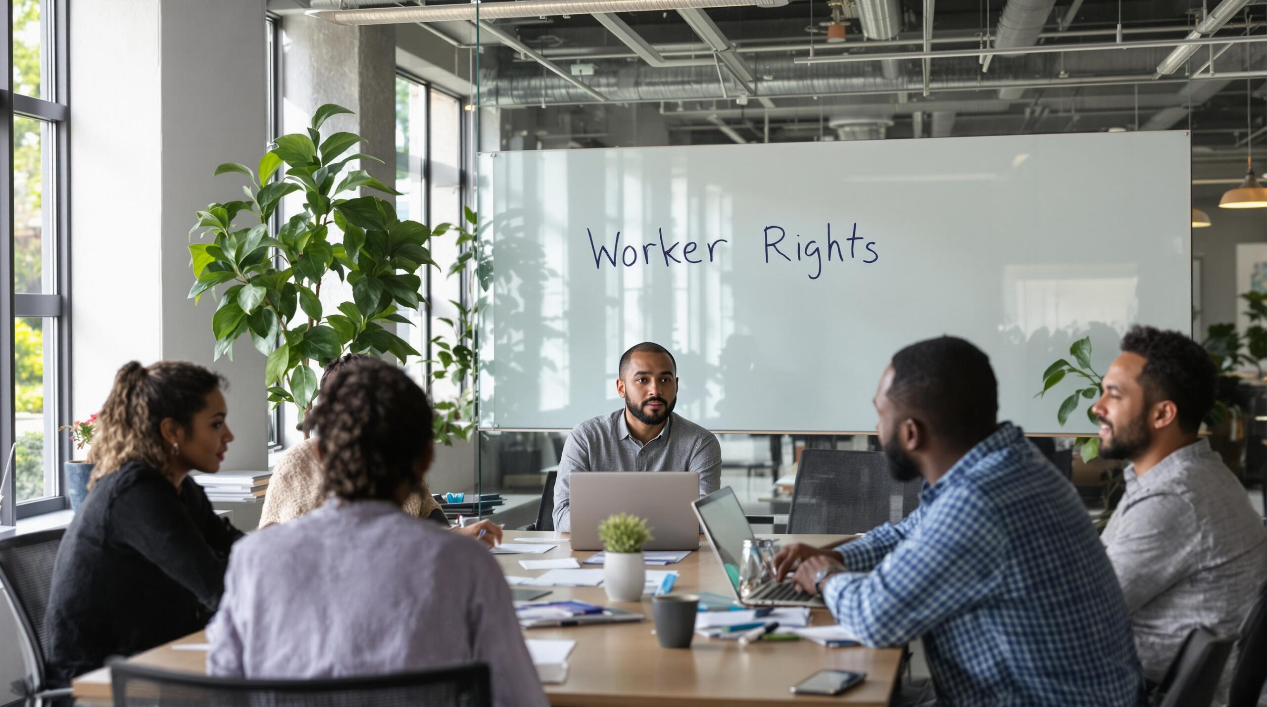 California office meeting discussing employee rights and legal status