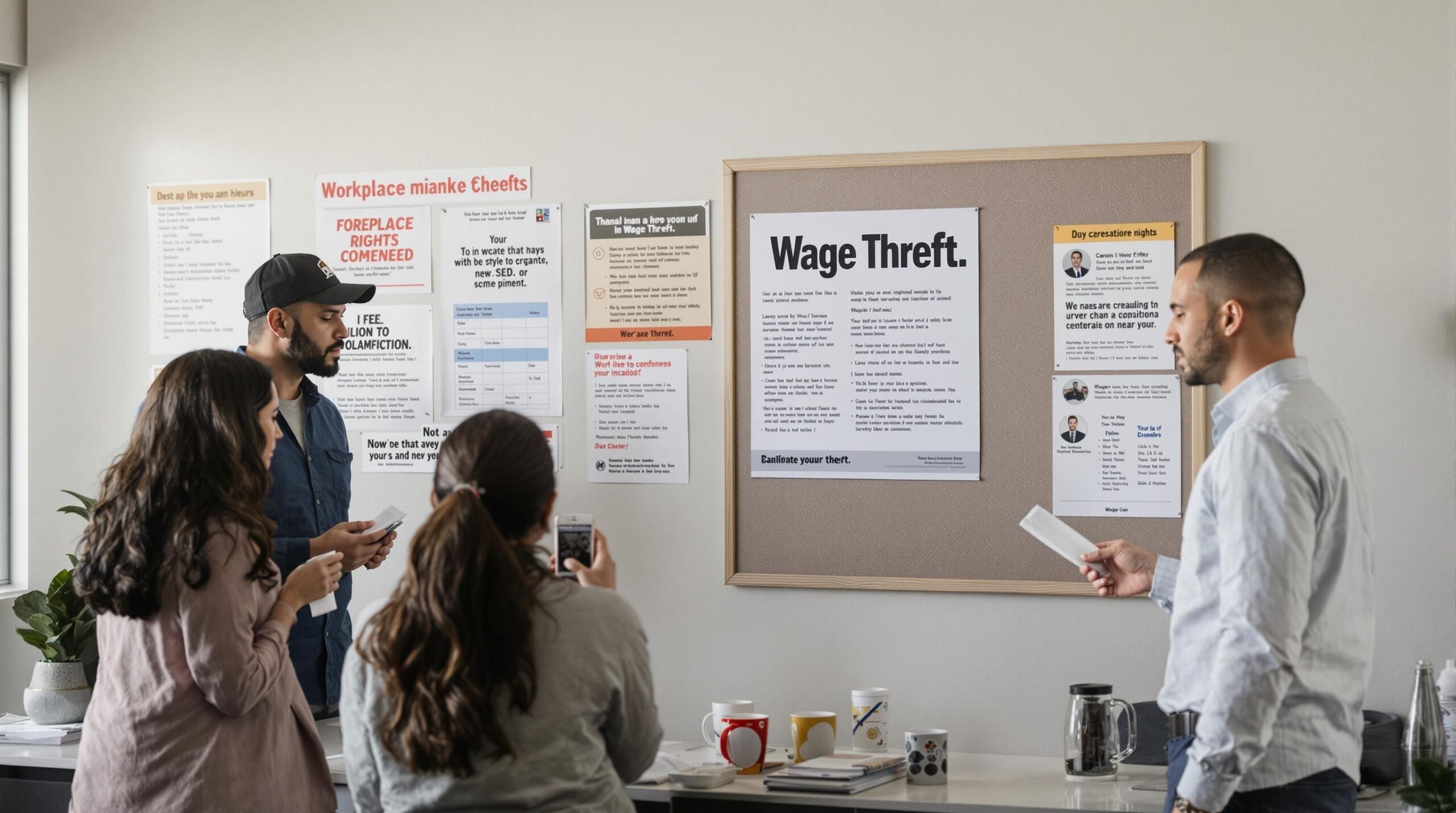 Concerned California workers review pay stubs in breakroom with wage theft poster