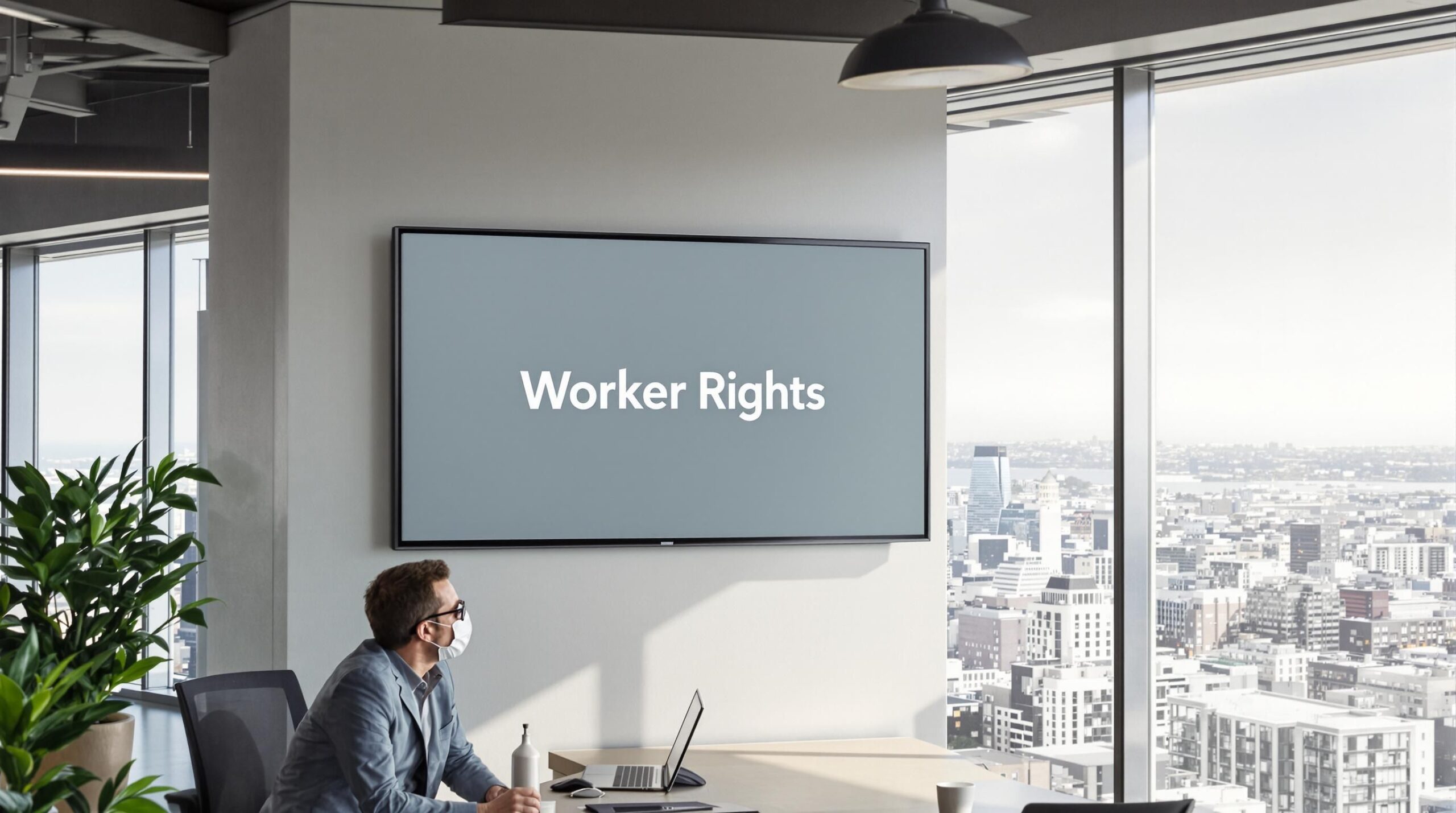 Diverse group of older workers stands in office with 'Worker Rights' on screen