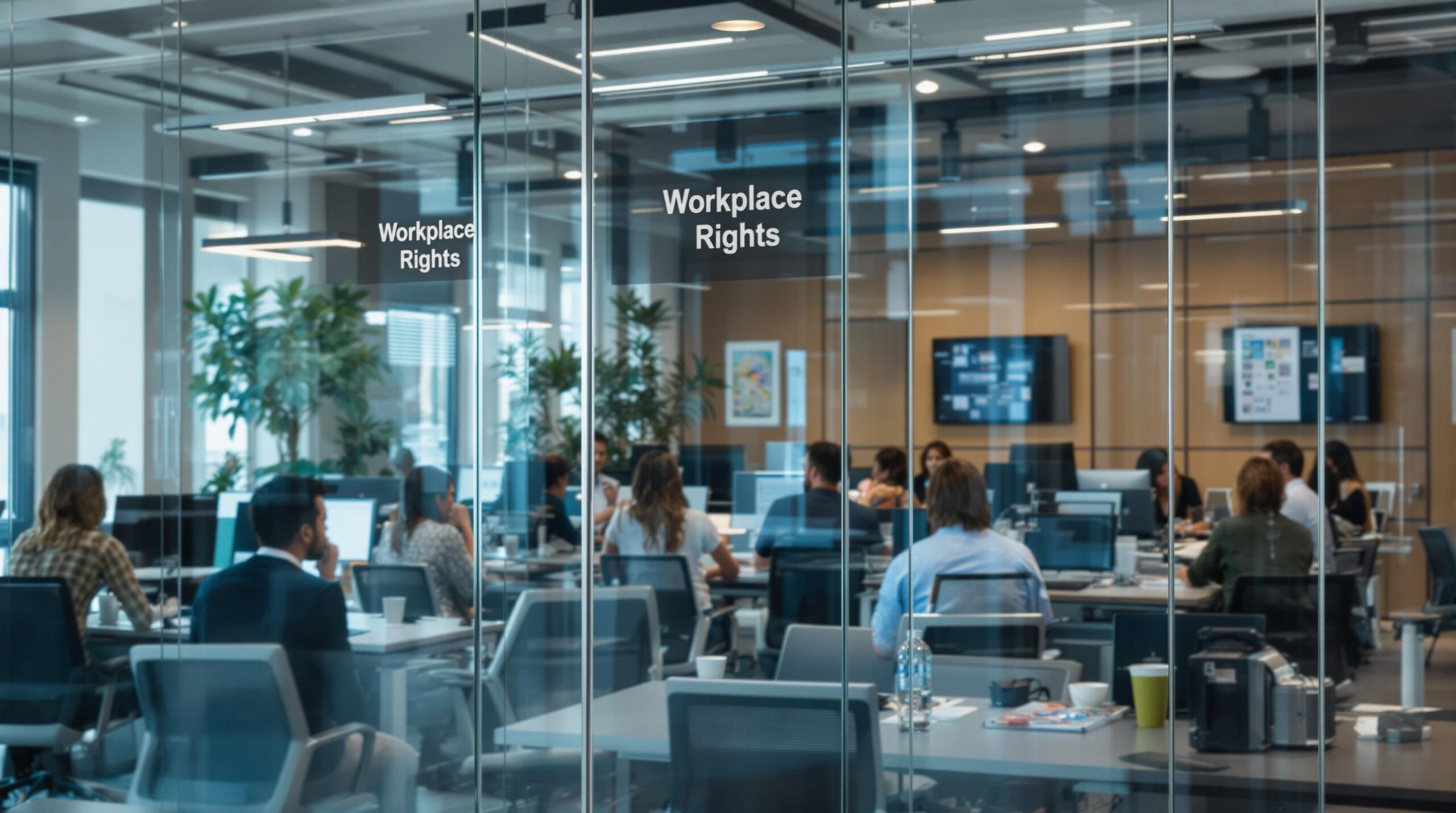 Diverse employees in a modern California office with 'Workplace Rights' visible on a wall.