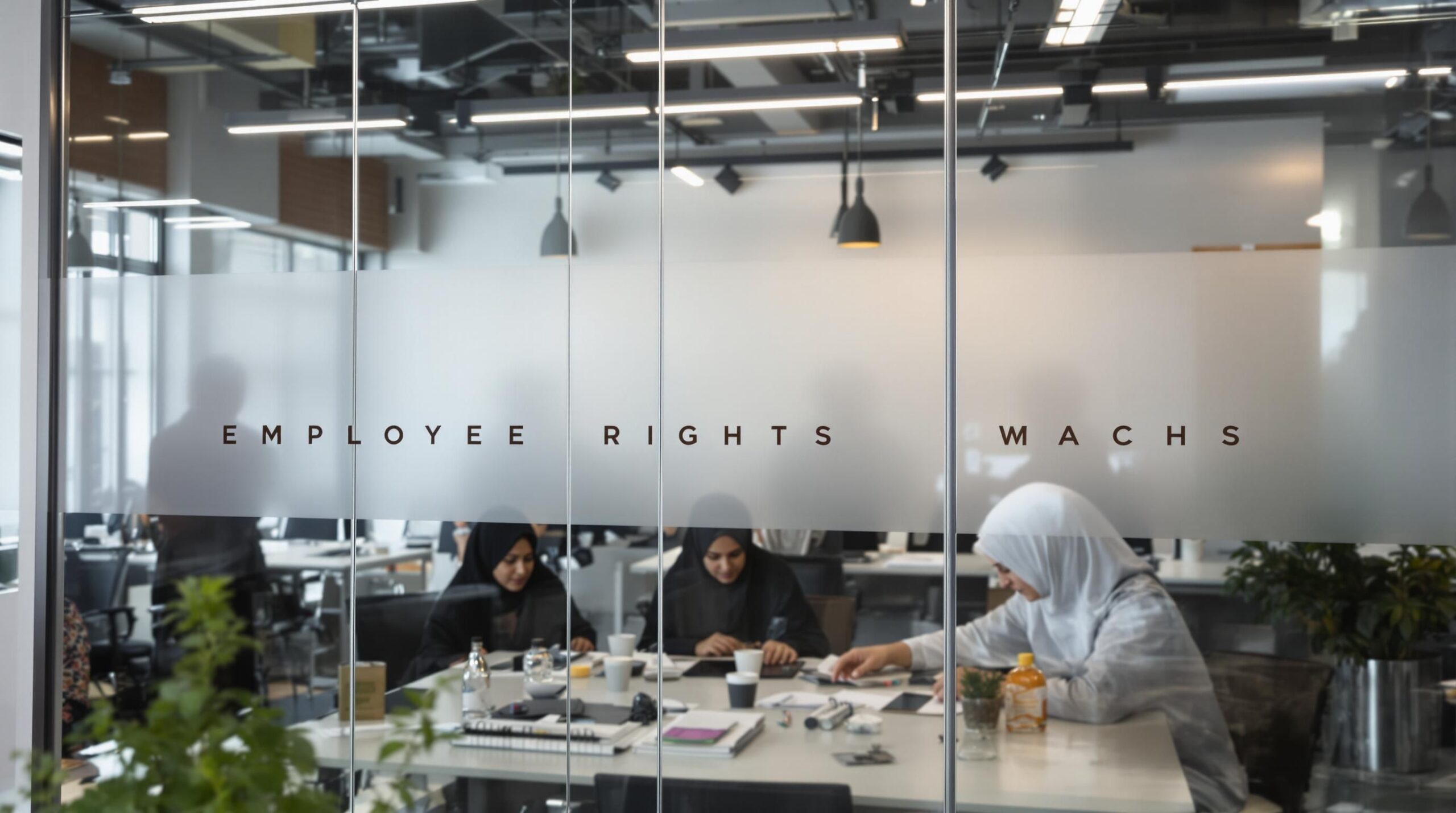 Diverse California office colleagues with religious attire, discussing around table, 'Employee Rights' on glass wall
