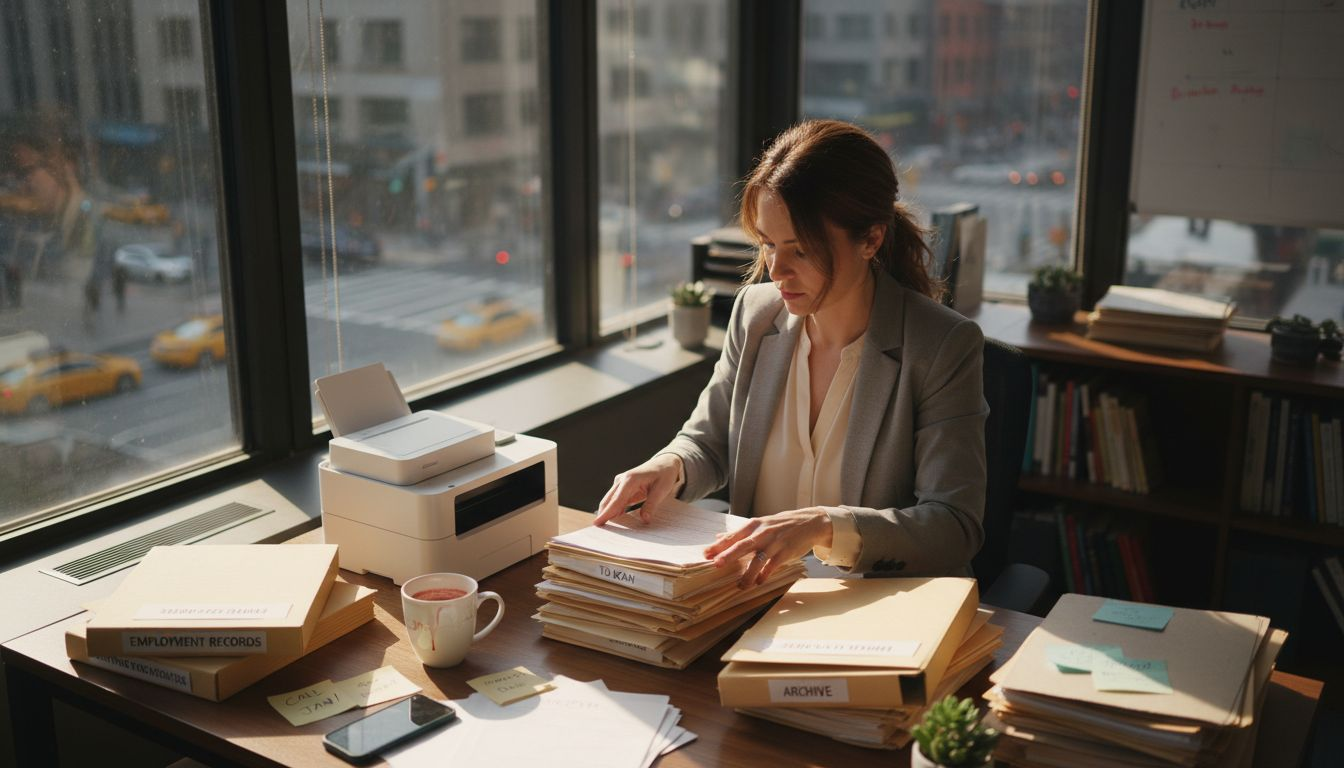 Woman organizing legal documents in office