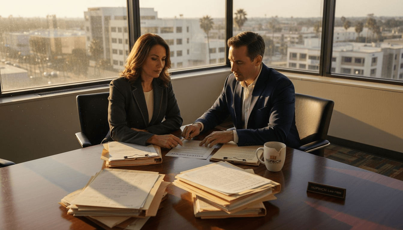 Employee and attorney discuss case in Pasadena office