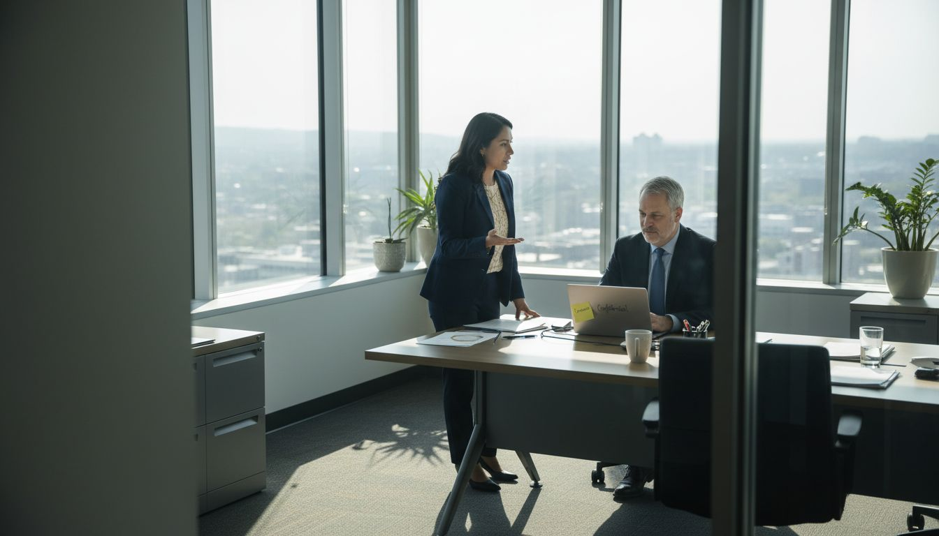 Employee meeting HR in office about harassment