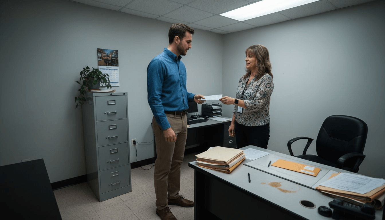 Employee handed paycheck in HR office