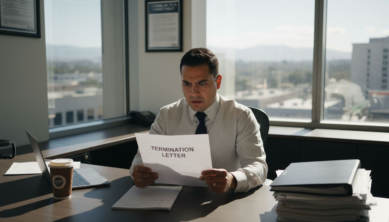 Employee reading termination letter in office