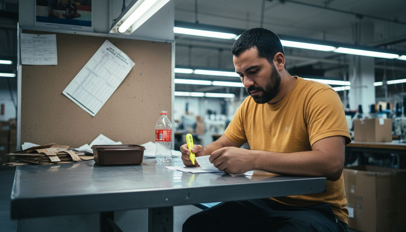 Worker reviewing paystub at El Monte factory