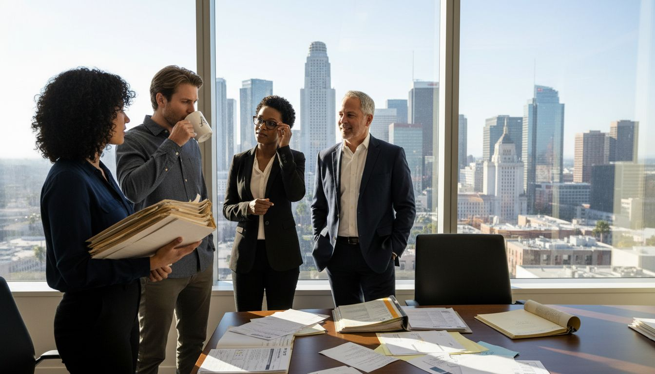 Workers in Los Angeles high-rise office window