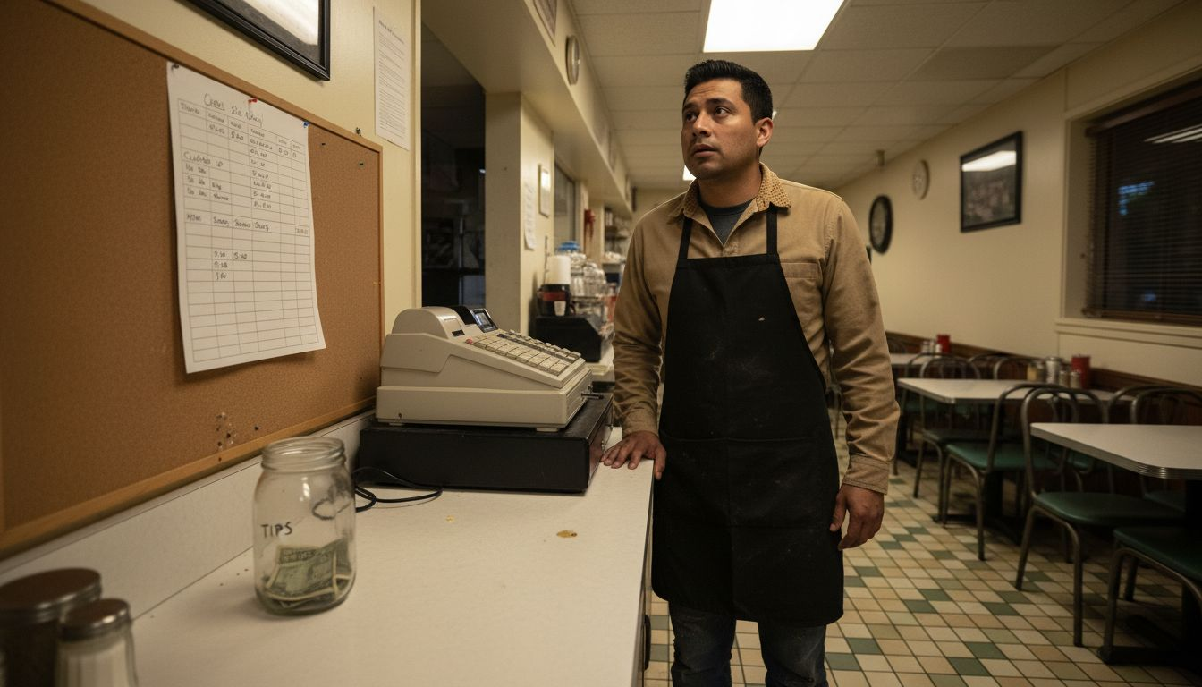 Hourly restaurant worker checking schedule in diner
