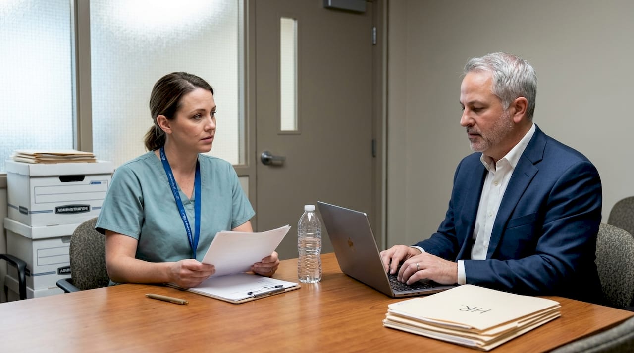 Nurse meeting with HR manager in hospital office