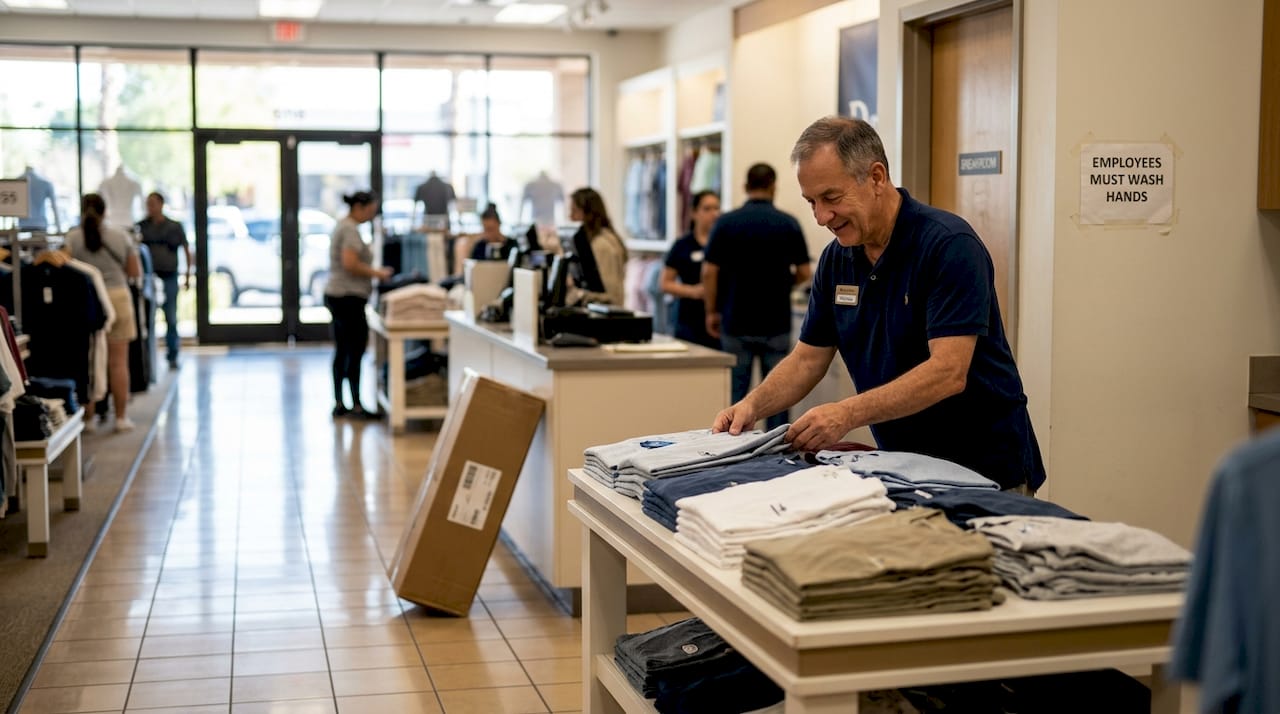 Older retail worker organizes shelves in Glendale store