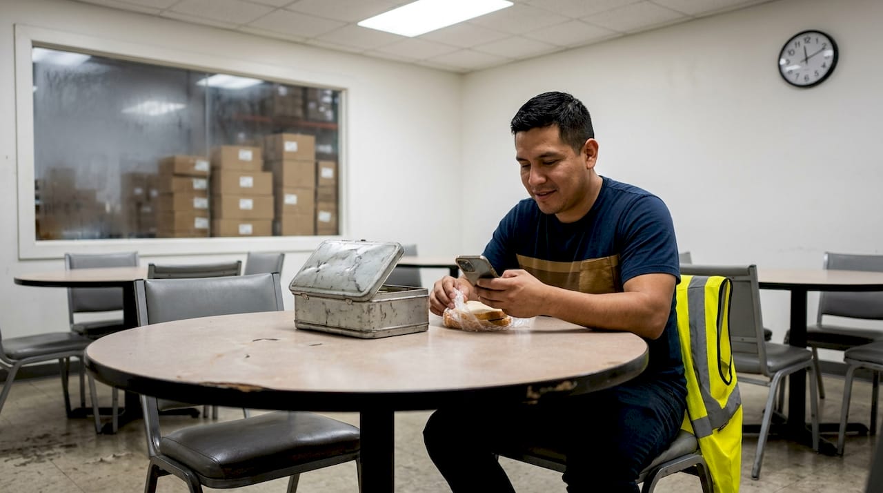 Warehouse worker eating lunch in a breakroom