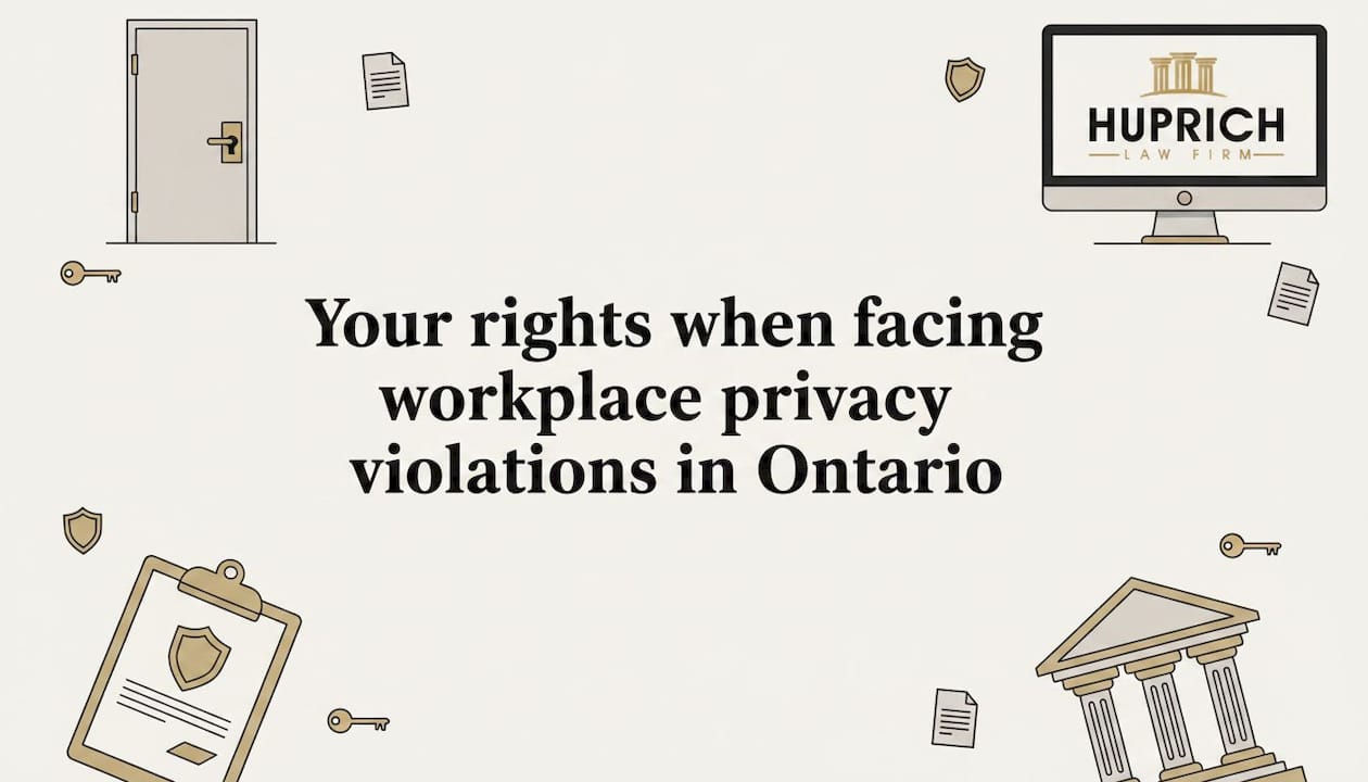 Decorative title card with workplace privacy and law icons