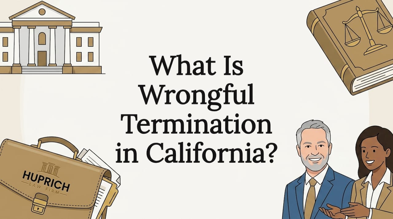 Decorative law blog title card illustration with courthouse, law book, scales and briefcase