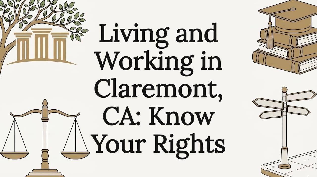 Editorial flat vector title card with Claremont and legal icons
