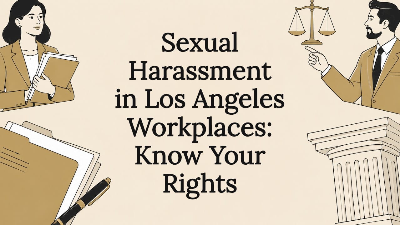 Decorative title card illustration with legal and workplace icons