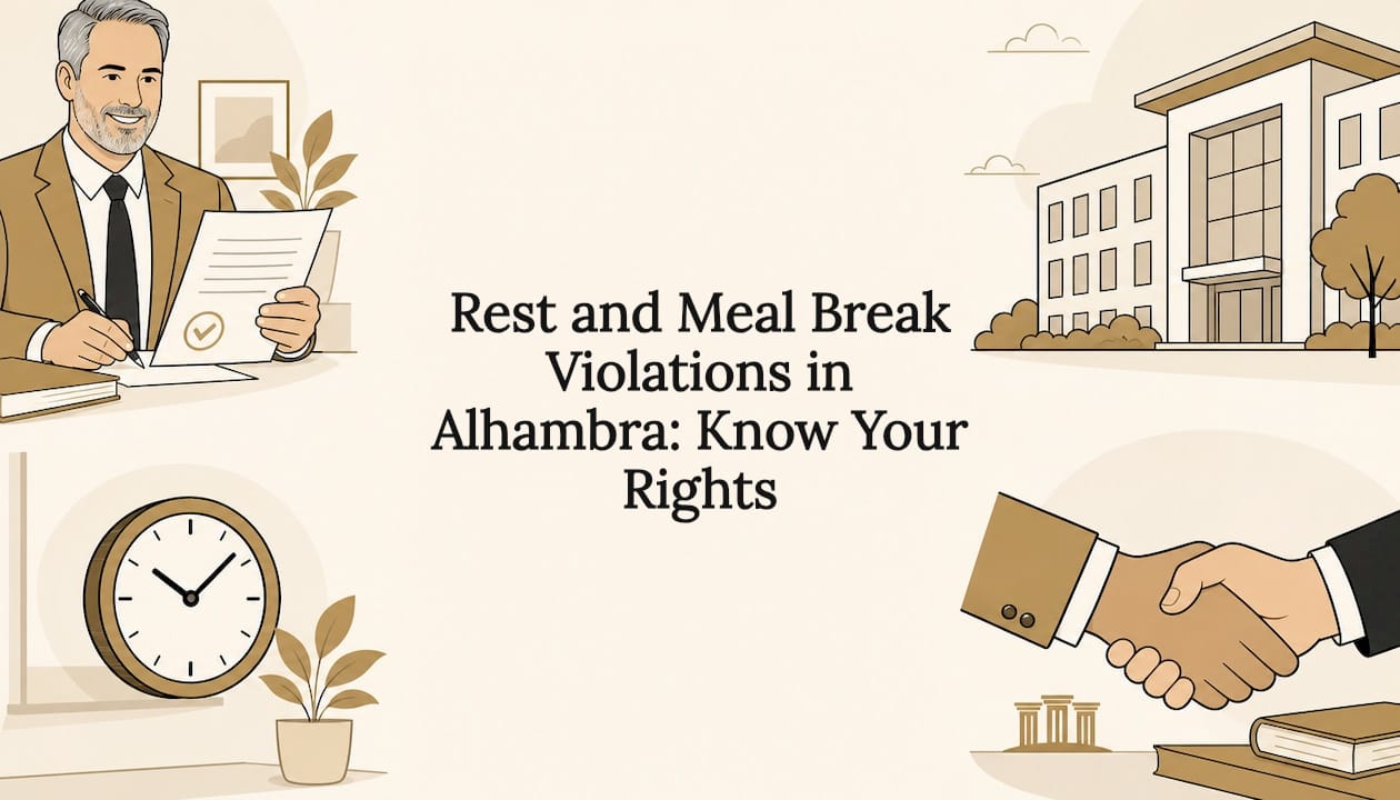 Decorative title card illustration with legal and break icons